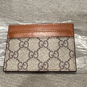 Beige GG Monogram Card Holder with Brown Leather Trim